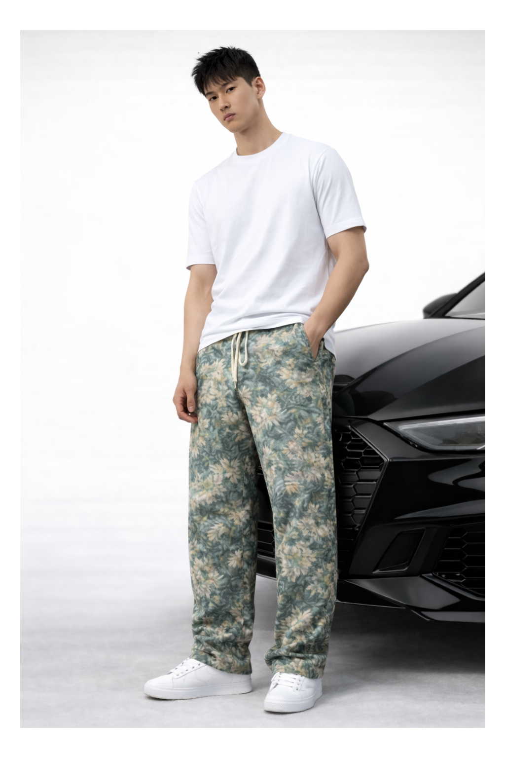 PANTALON URBAN-CONTRASTE A FLEUR VERT